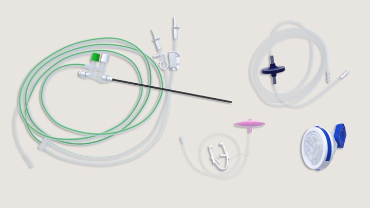 samling av komponenter till laparoskopiset: kameraskydd, insufflationsslang, rökutsug med filter